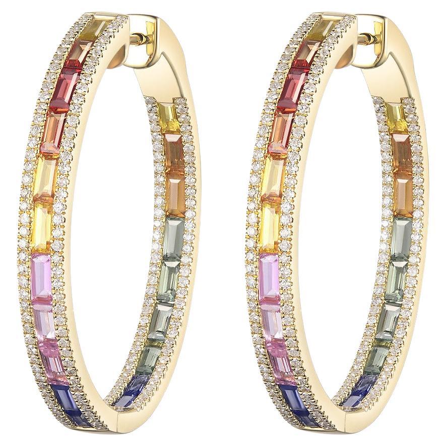 Rainbow Sapphire Diamond Hoop Earrings in 14 Karat Yellow Gold