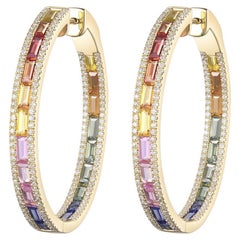 Boucles d'oreilles en saphir arc-en-ciel et diamant en or jaune 14 carats