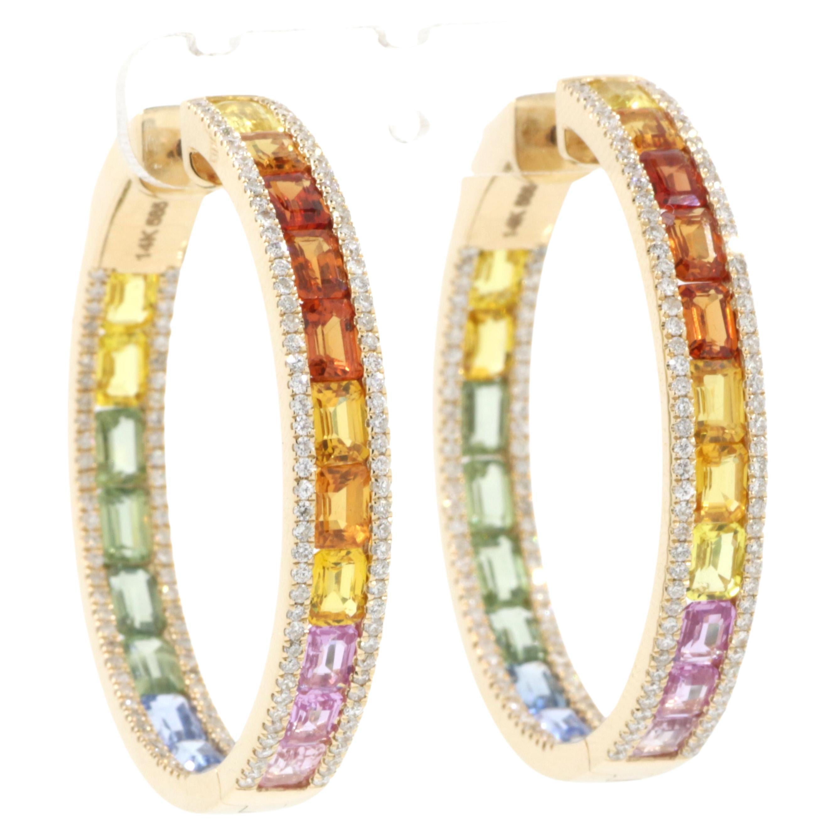 18 Karat Gold Rainbow Sapphire Diamond Hoop Earrings For Sale