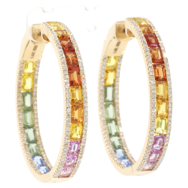 Rainbow Sapphire Diamond Hoop Earrings in 14 Karat Yellow Gold For Sale