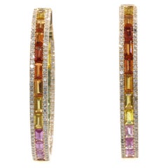 Rainbow Sapphire Diamond Hoop Earrings in 14 Karat Yellow Gold