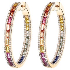 Rainbow Sapphire Diamond Hoop Earrings in 14 Karat Yellow Gold