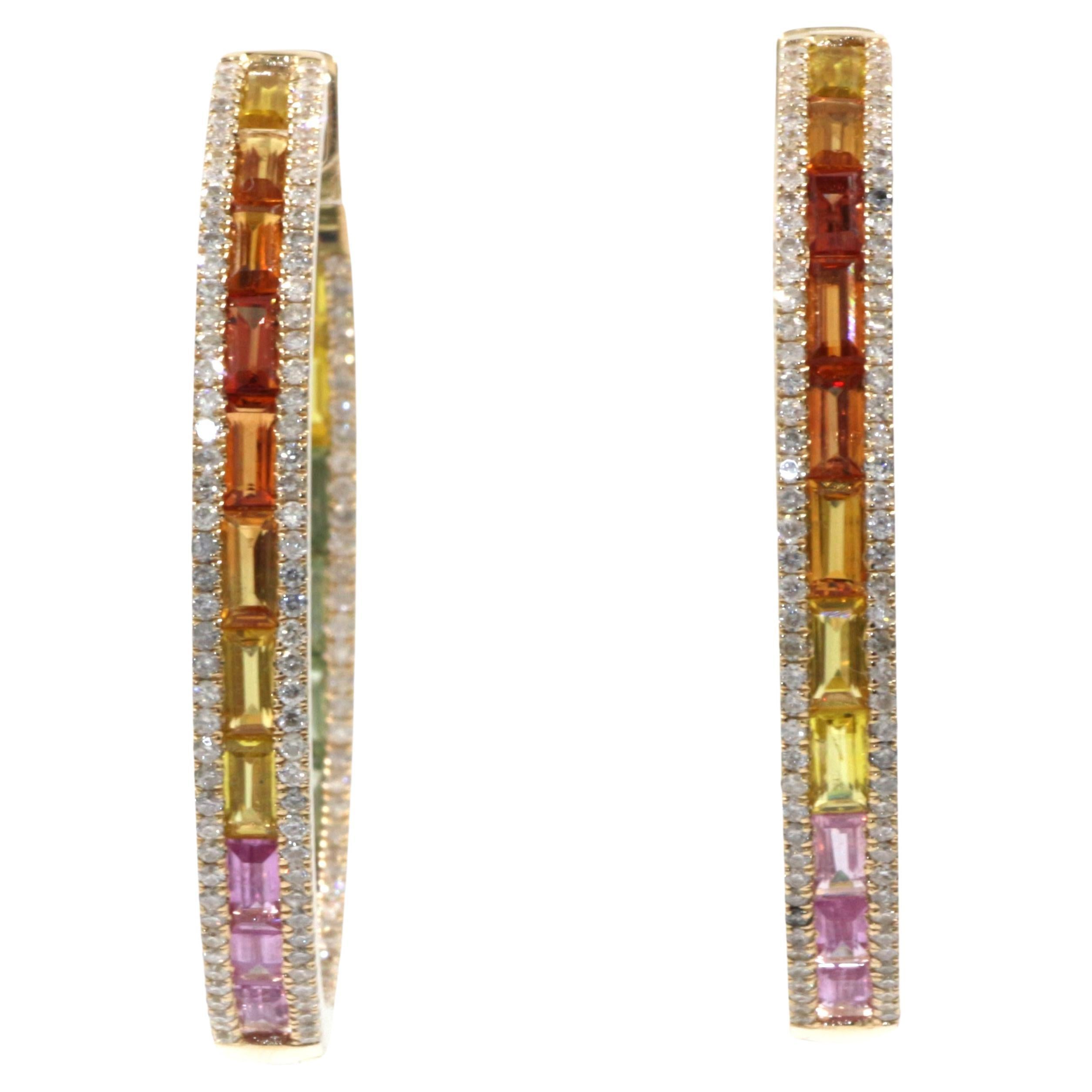 Rainbow Sapphire Diamond Hoop Earrings in 14 Karat Yellow Gold