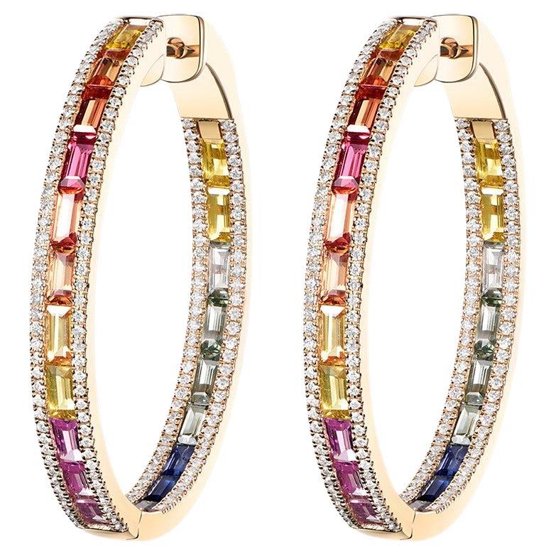 Rainbow Sapphire Diamond Hoop Earrings in 14 Karat Yellow Gold For Sale