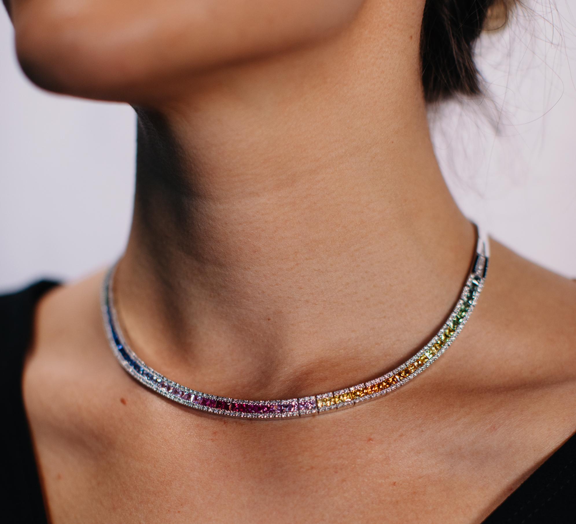 Women's or Men's Rainbow Sapphire & Diamond Link Necklace For Sale