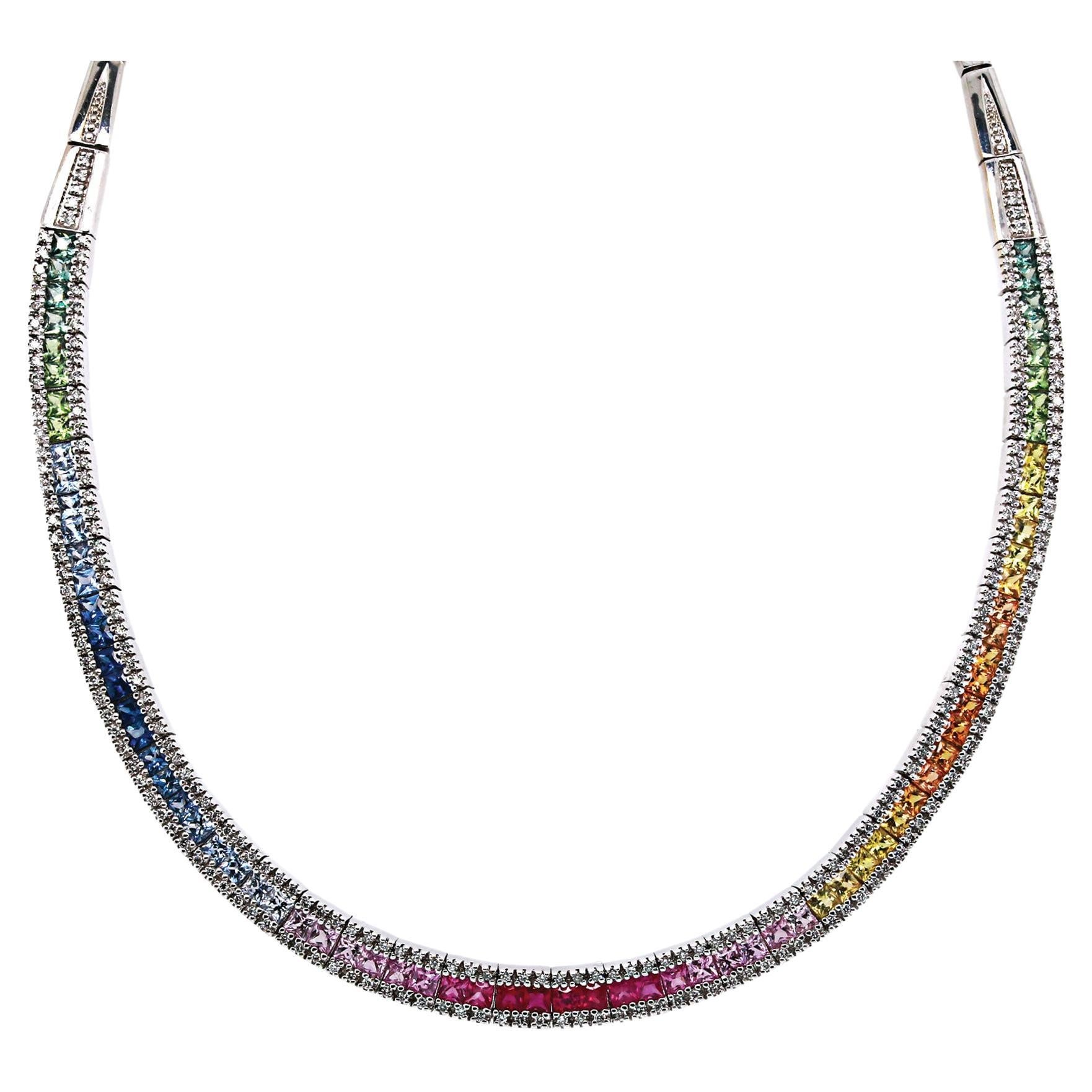 Rainbow Sapphire & Diamond Link Necklace For Sale