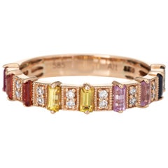 Rainbow Sapphire Diamond Ruby Ring 14 Karat Yellow Gold Band Fine Jewelry