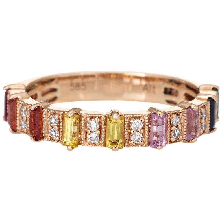 Rainbow Sapphire Diamond Ruby Ring 14 Karat Yellow Gold Band Fine ...