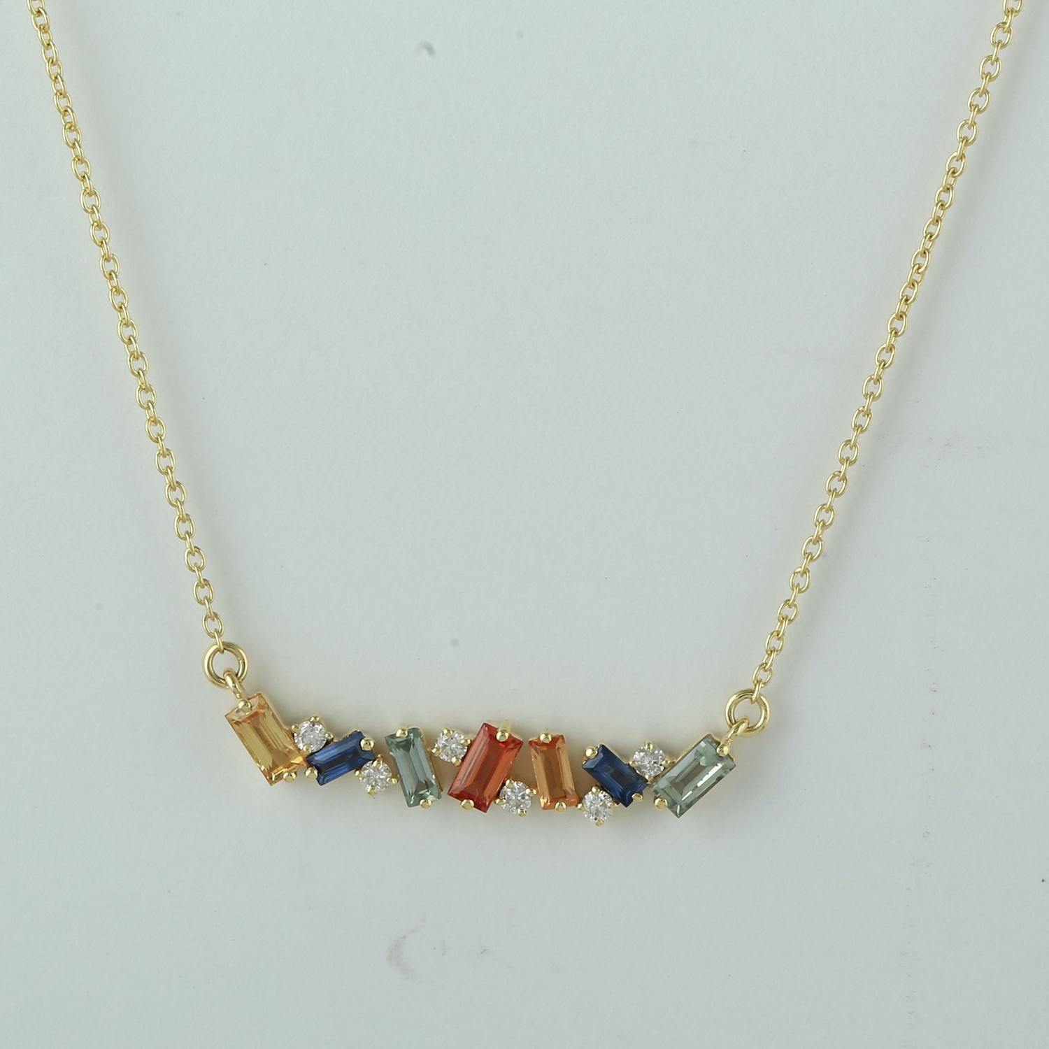 Contemporary Rainbow Sapphire & Diamonds Pendant Chain Necklace Made In 18k Yellow Gold For Sale