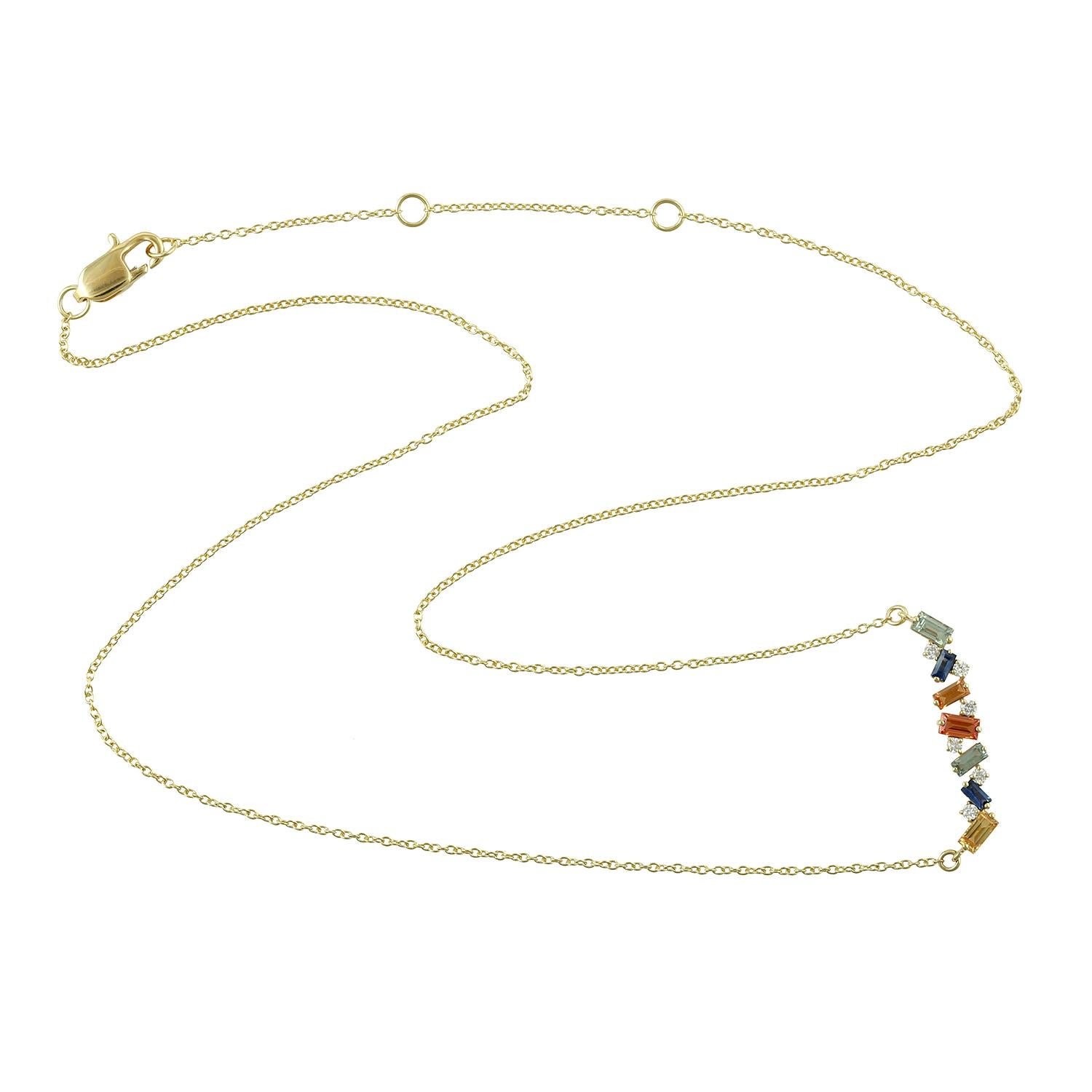 Women's Rainbow Sapphire & Diamonds Pendant Chain Necklace Made In 18k Yellow Gold For Sale