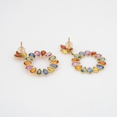 Rainbow Sapphire Earrings Estate 18k Yellow Gold Drop Hoops Fine Jewelry