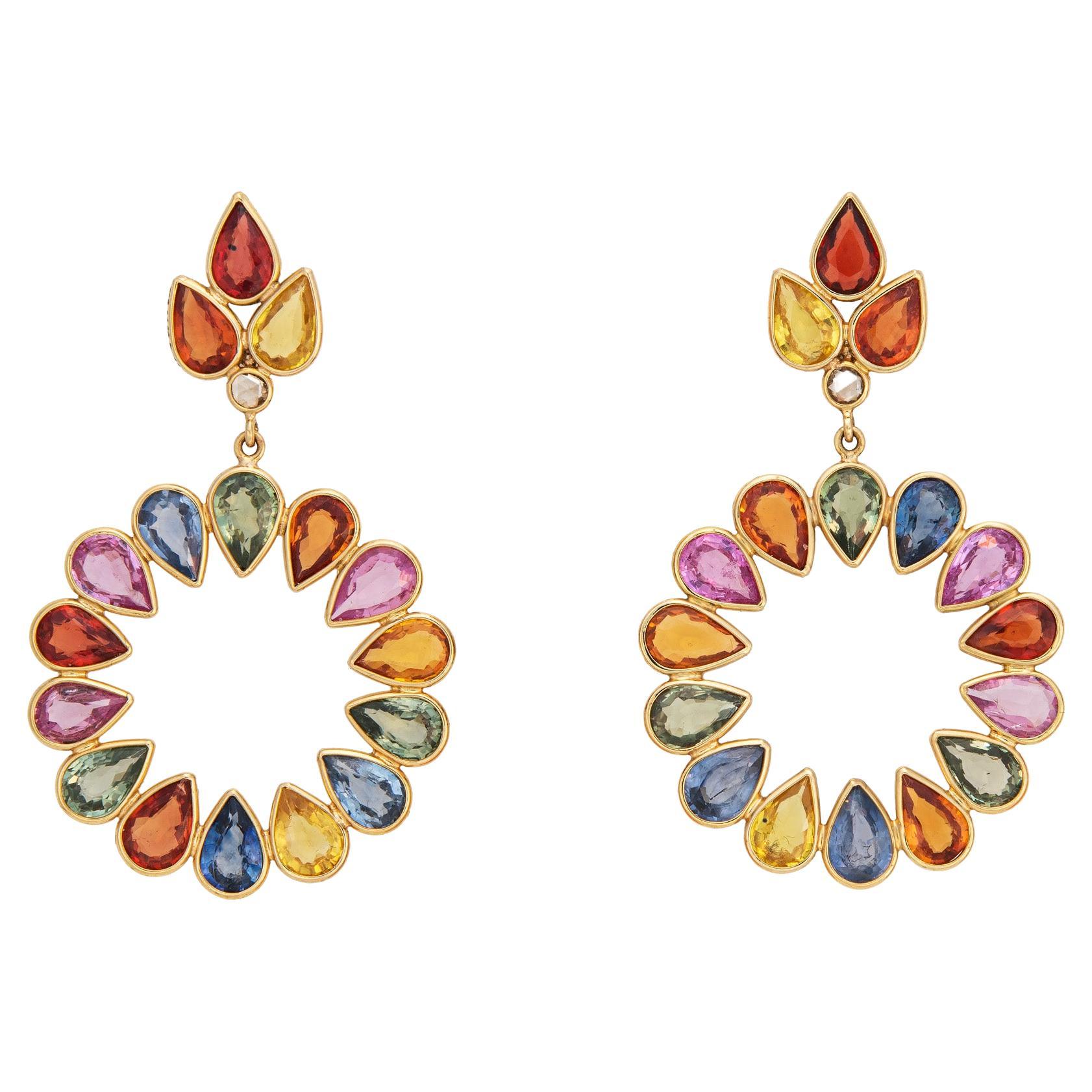 Rainbow Sapphire Earrings Estate 18k Yellow Gold Drop Hoops Fine Jewelry
