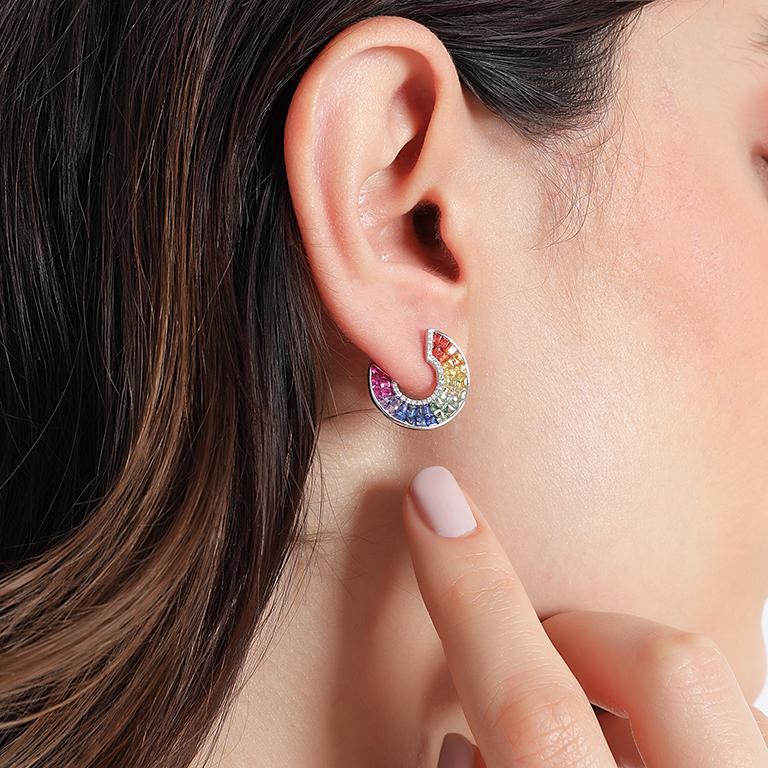 Baguette Cut Rainbow Sapphire Earrings For Sale
