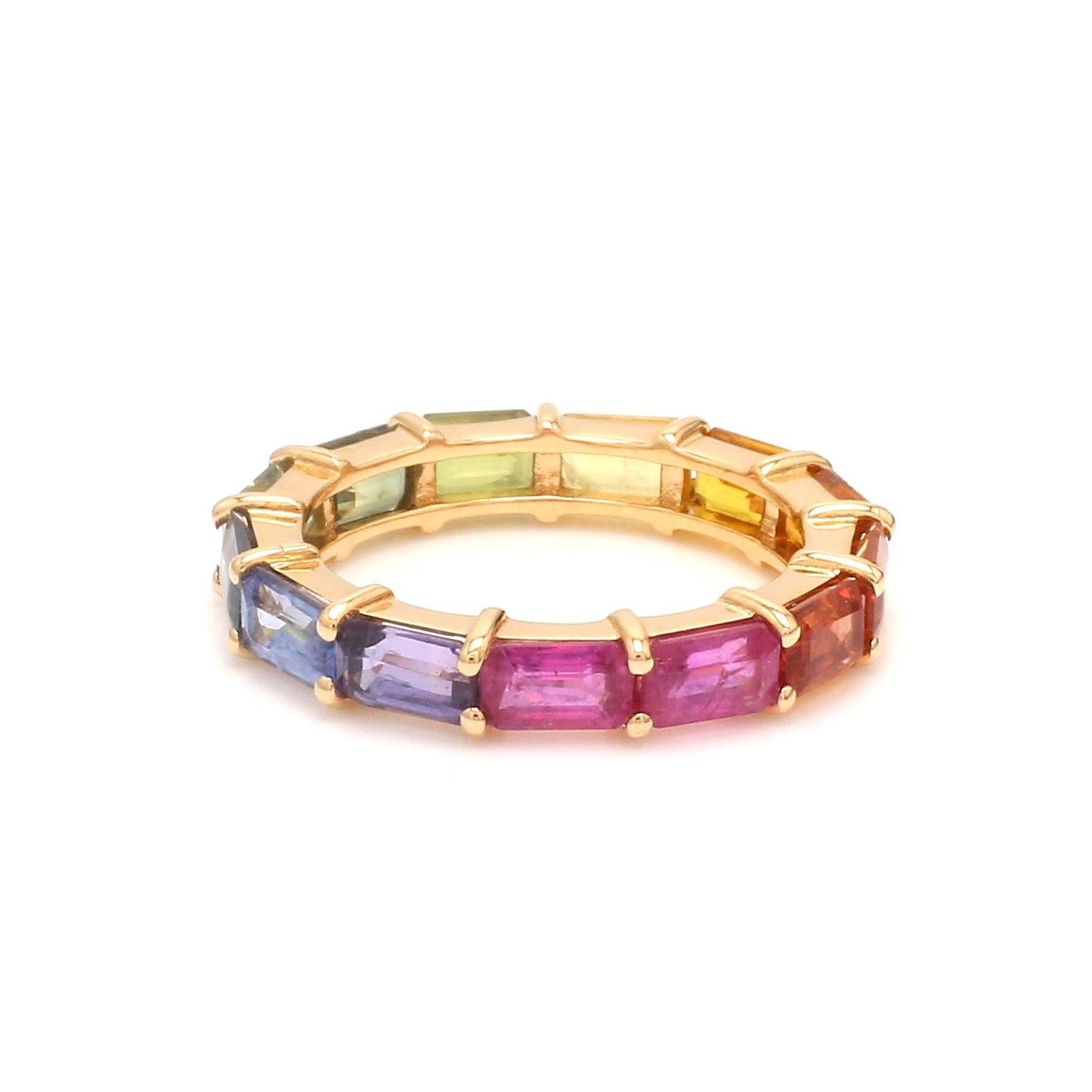 Rainbow Sapphire East West Thin Ring in 18K Gold In New Condition In jaipur, IN