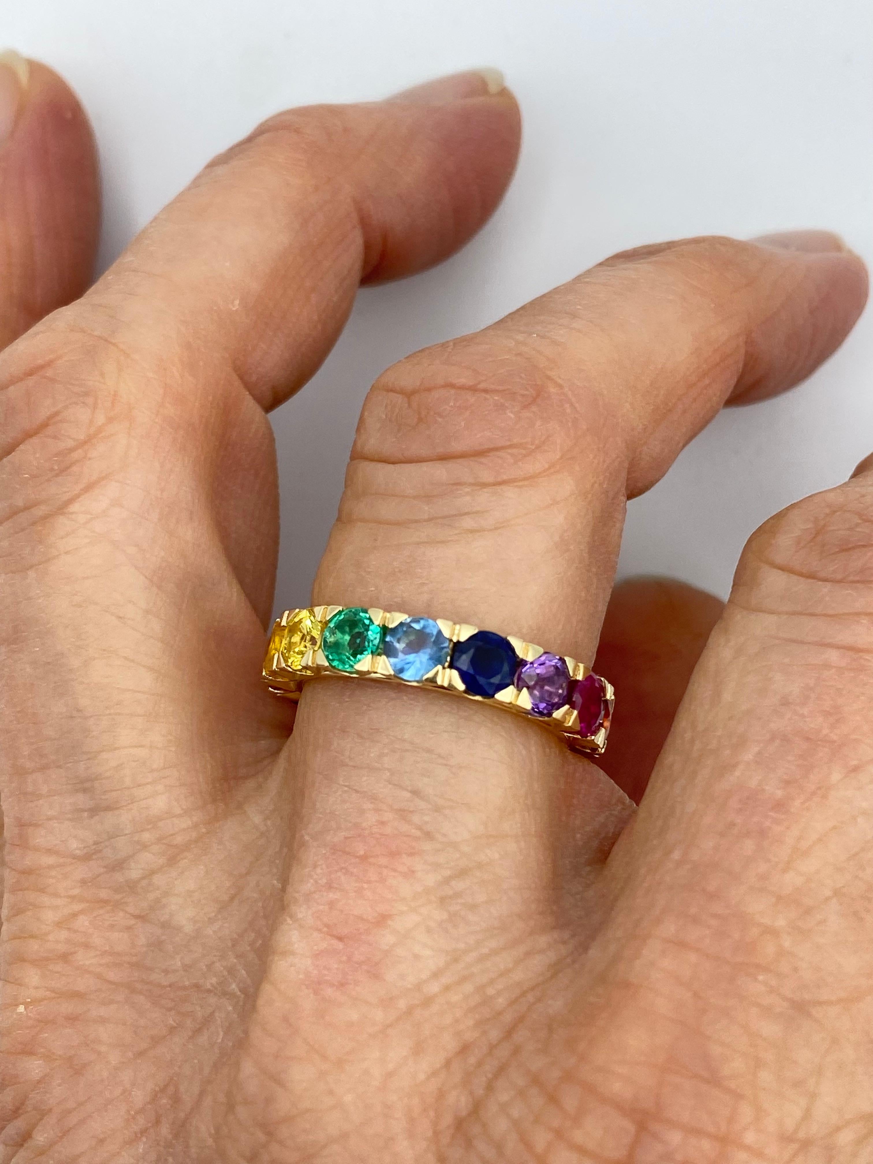 Rainbow Sapphire Emerald Ruby Semiprecious Stone 18Kt Gold Eternity Ring For Sale 2