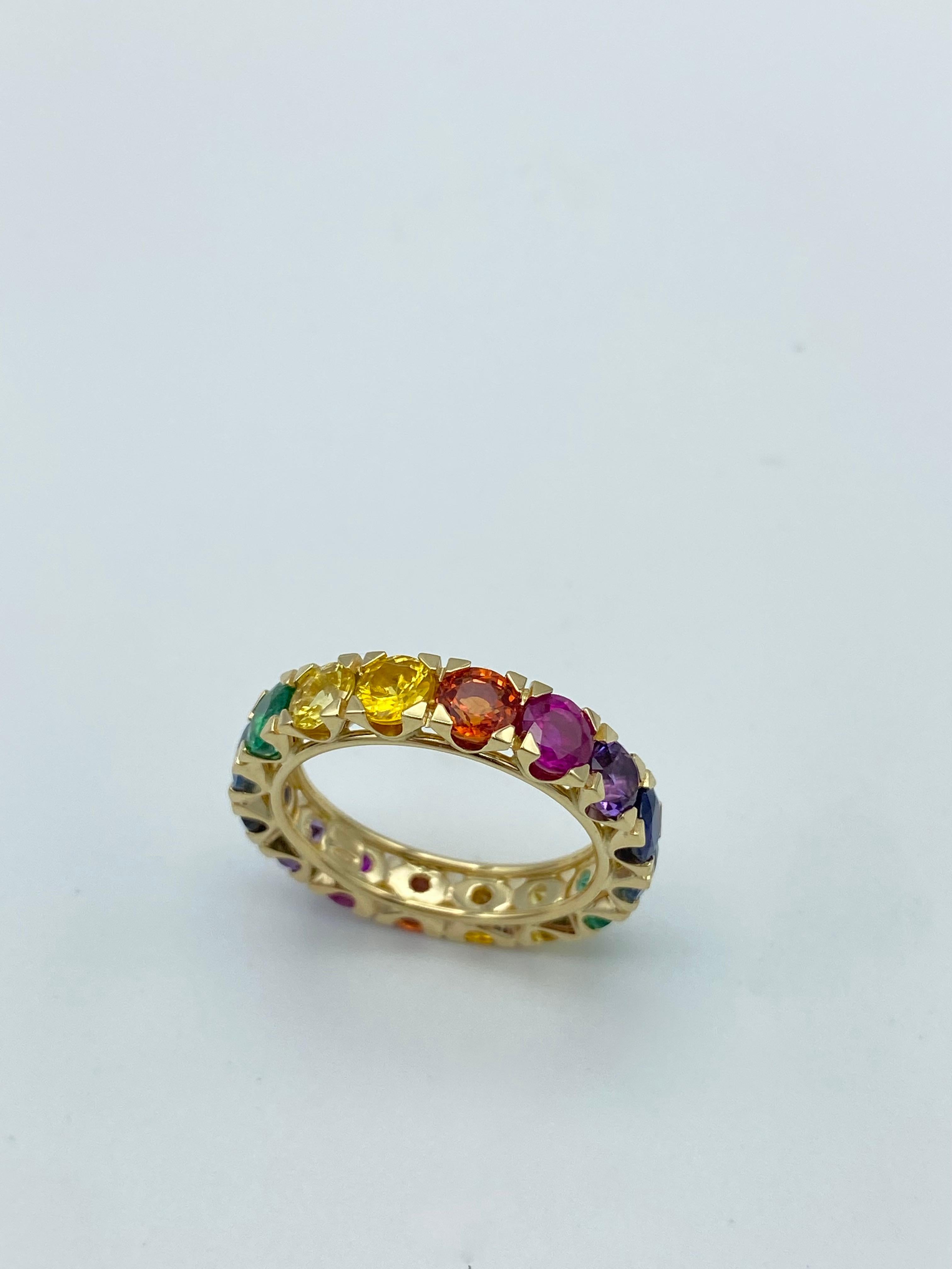 Rainbow Sapphire Emerald Ruby Semiprecious Stone 18Kt Gold Eternity Ring In New Condition For Sale In Bussolengo, Verona
