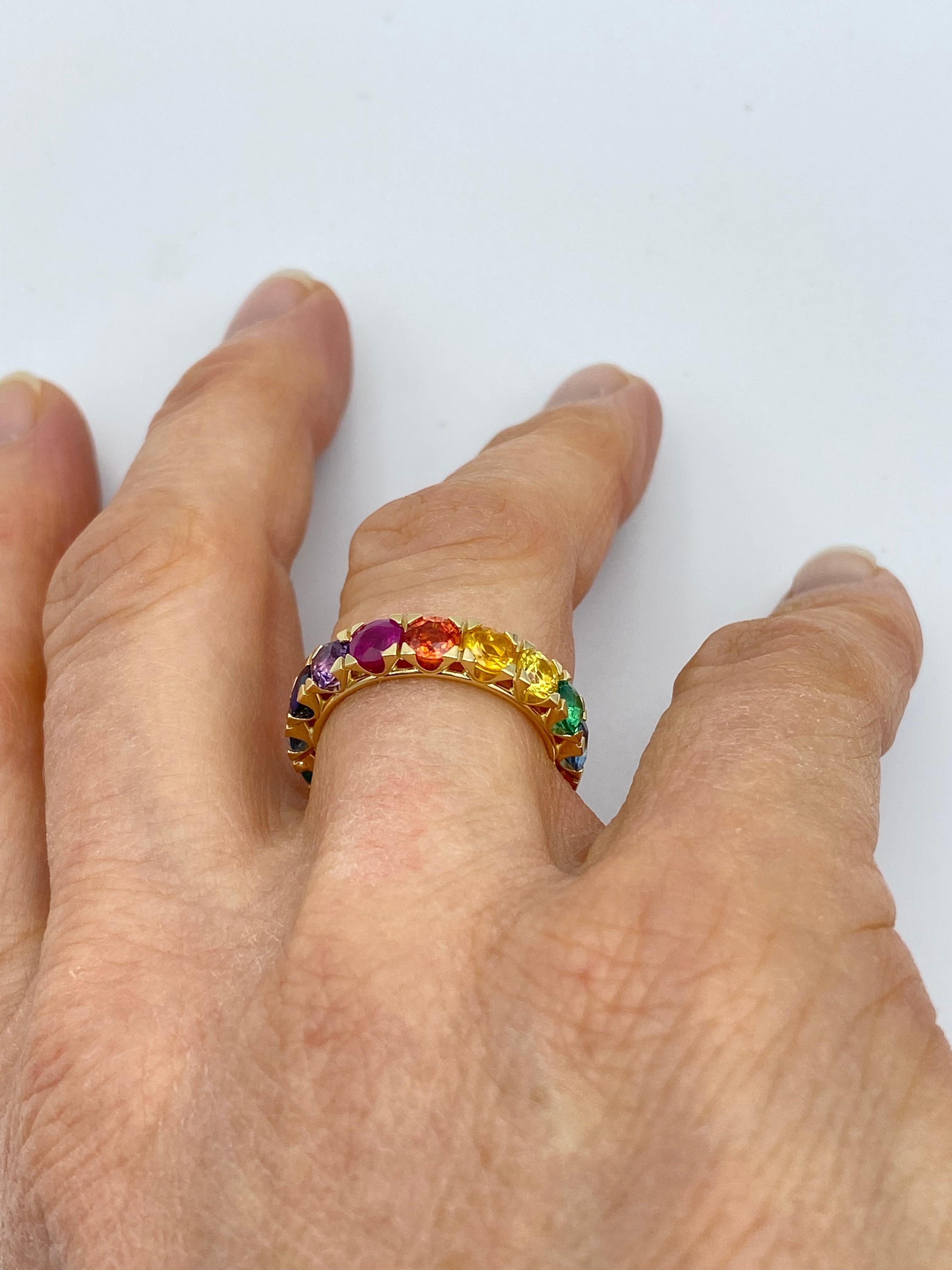 Women's or Men's Rainbow Sapphire Emerald Ruby Semiprecious Stone 18Kt Gold Eternity Ring For Sale