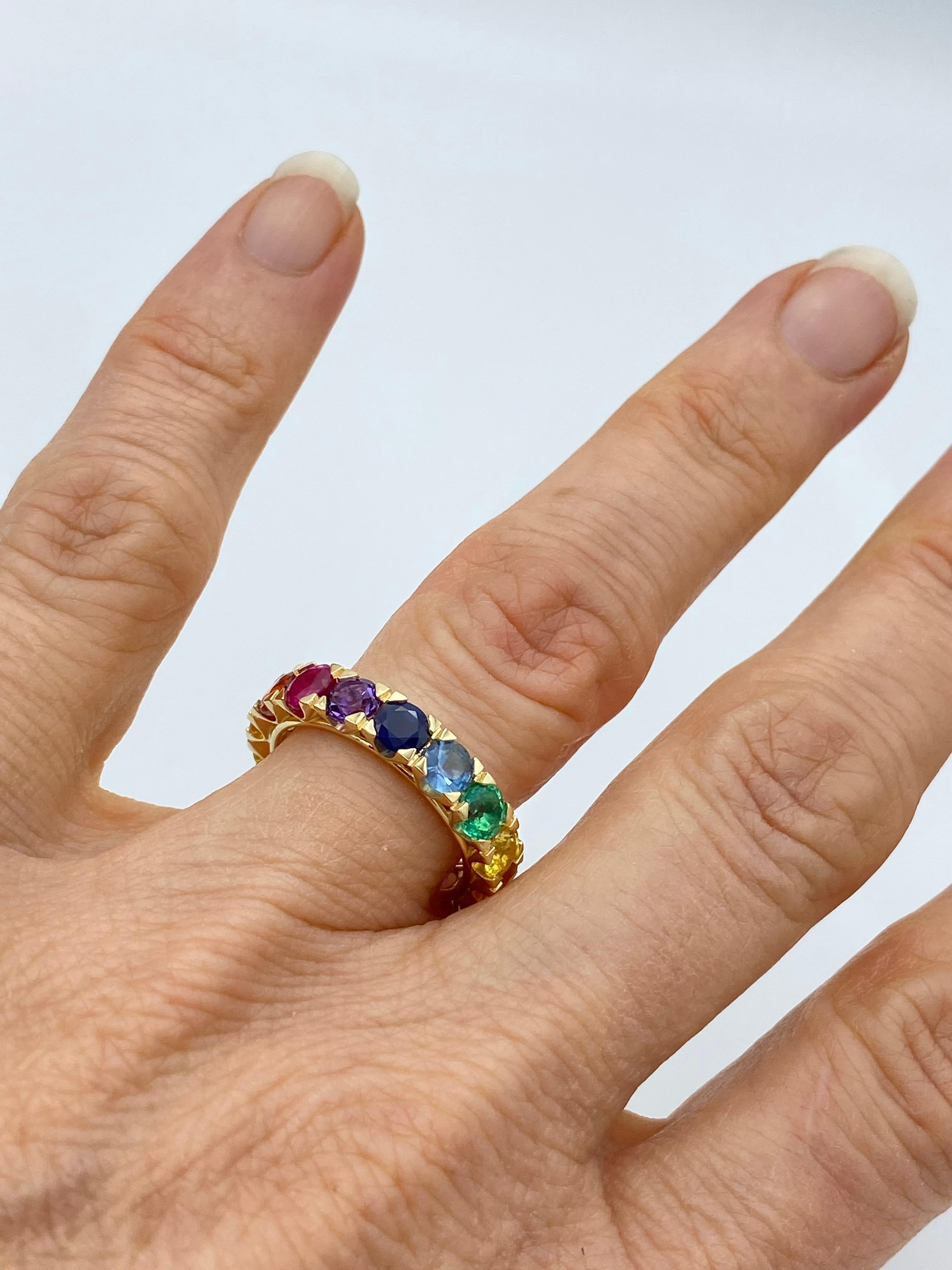 Rainbow Sapphire Emerald Ruby Semiprecious Stone 18Kt Gold Eternity Ring For Sale 1