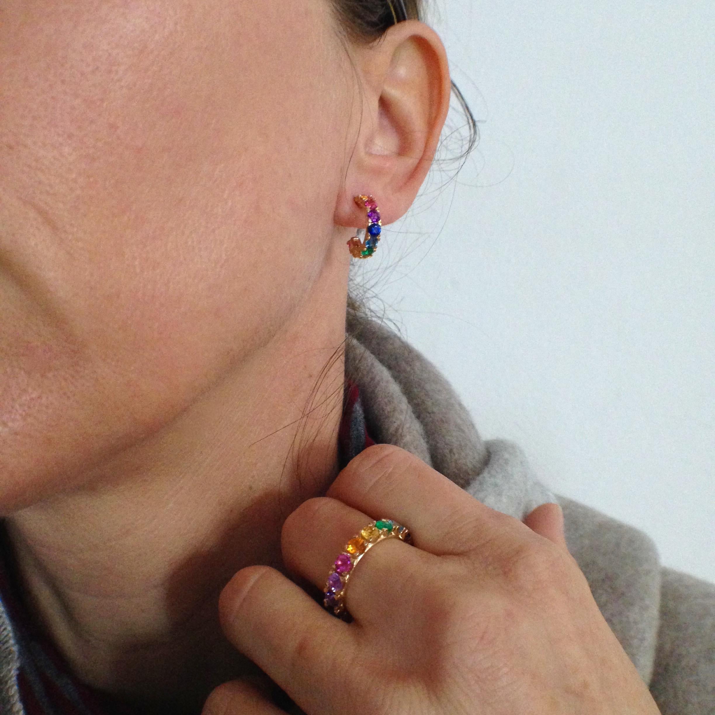 Rainbow Sapphire Emerald Semiprecious Stone 18 Karat Gold Earrings Made in Italy 4