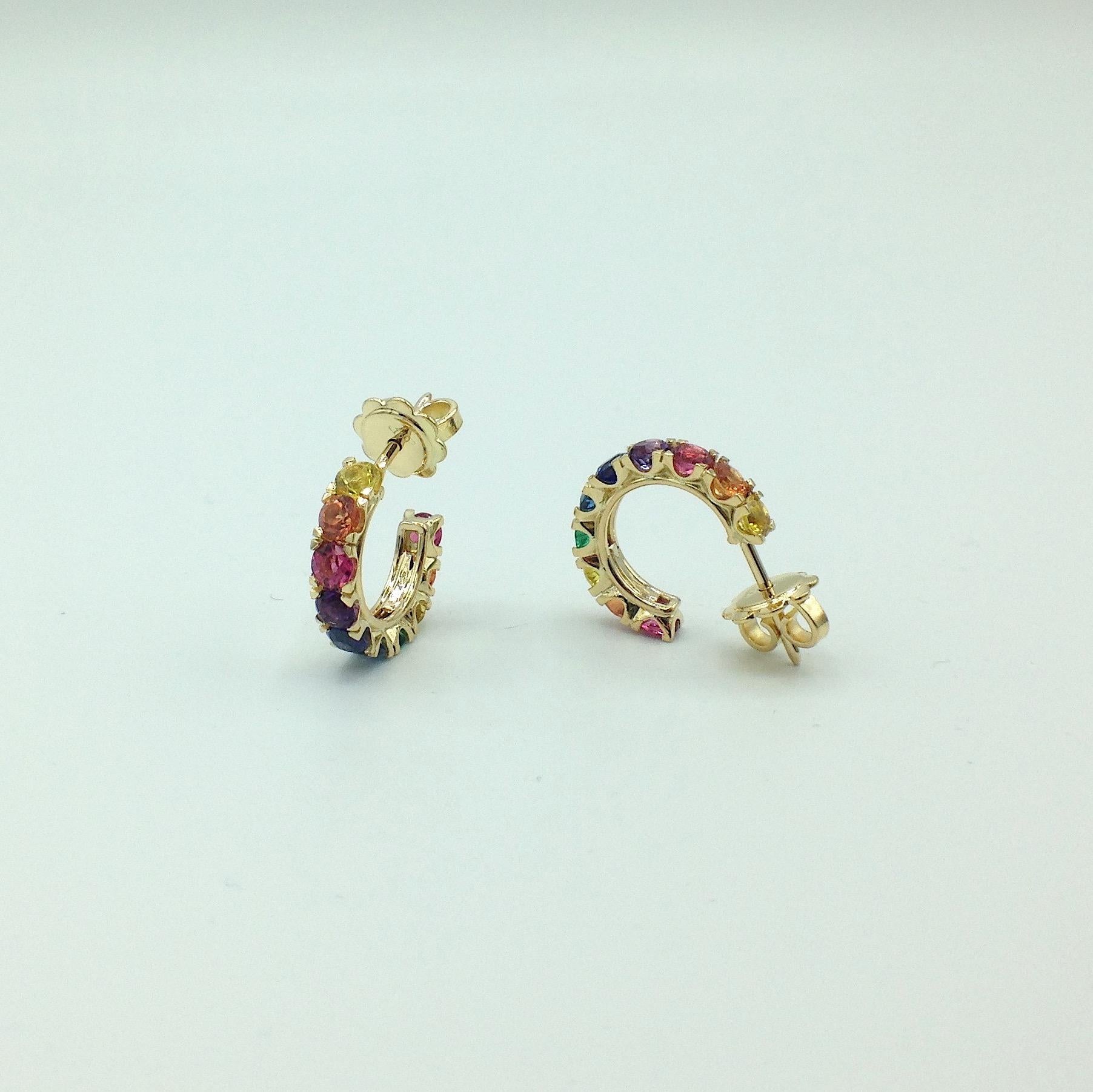 Artisan Rainbow Sapphire Emerald Semiprecious Stone 18 Karat Gold Earrings Made in Italy