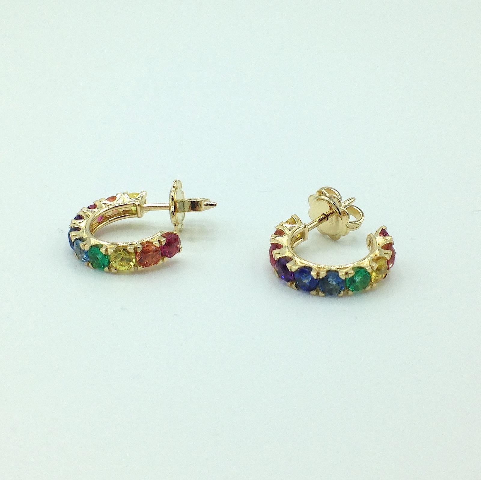 Rainbow Sapphire Emerald Semiprecious Stone 18 Karat Gold Earrings Made in Italy In New Condition In Bussolengo, Verona