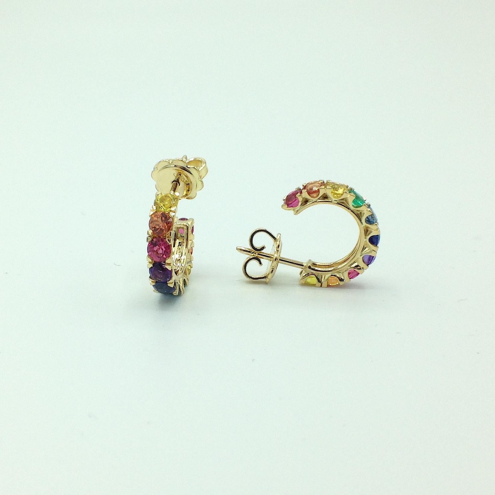 Women's Rainbow Sapphire Emerald Semiprecious Stone 18 Karat Gold Earrings Made in Italy