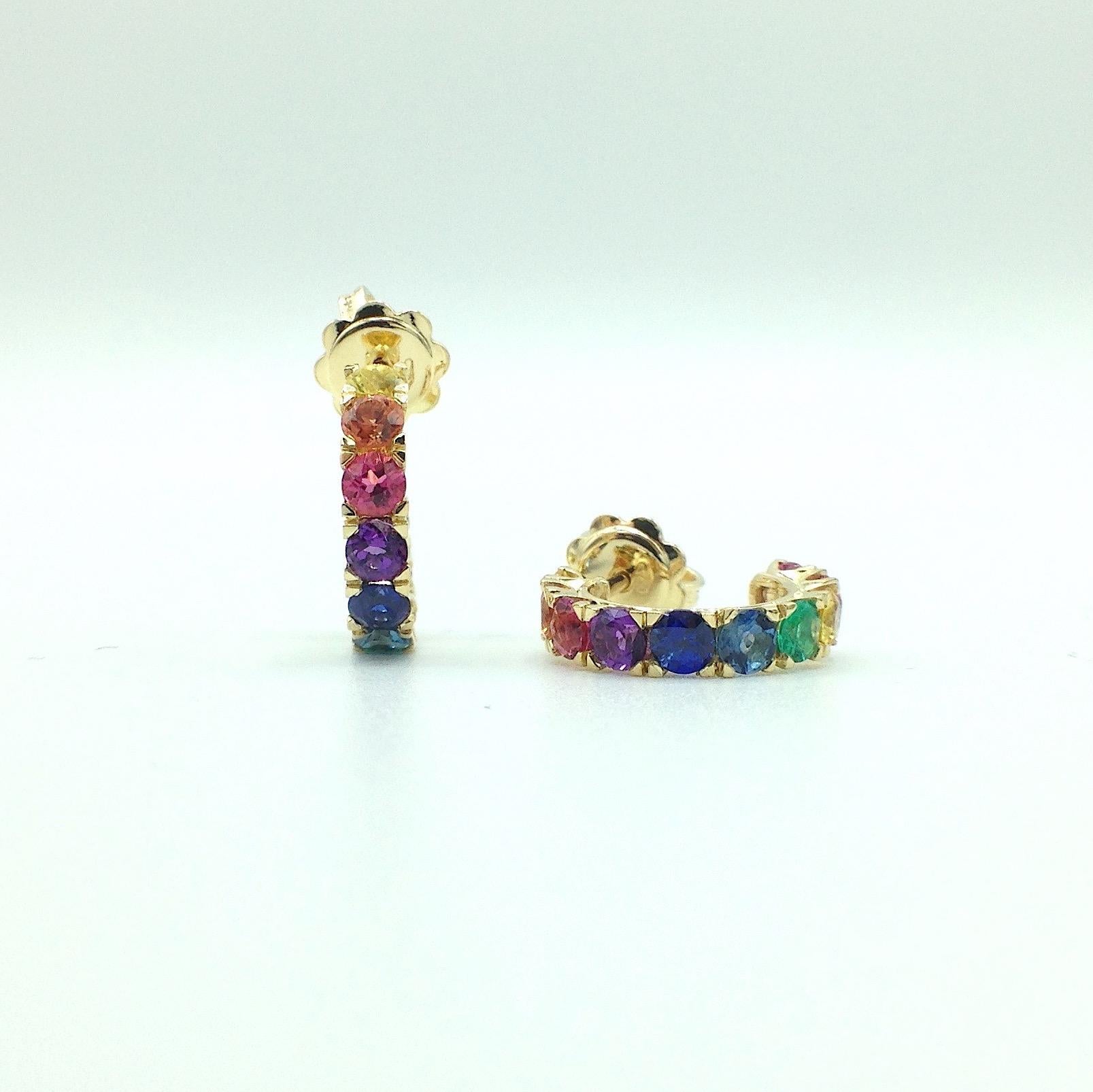 Rainbow Sapphire Emerald Semiprecious Stone 18 Karat Gold Earrings Made in Italy 1