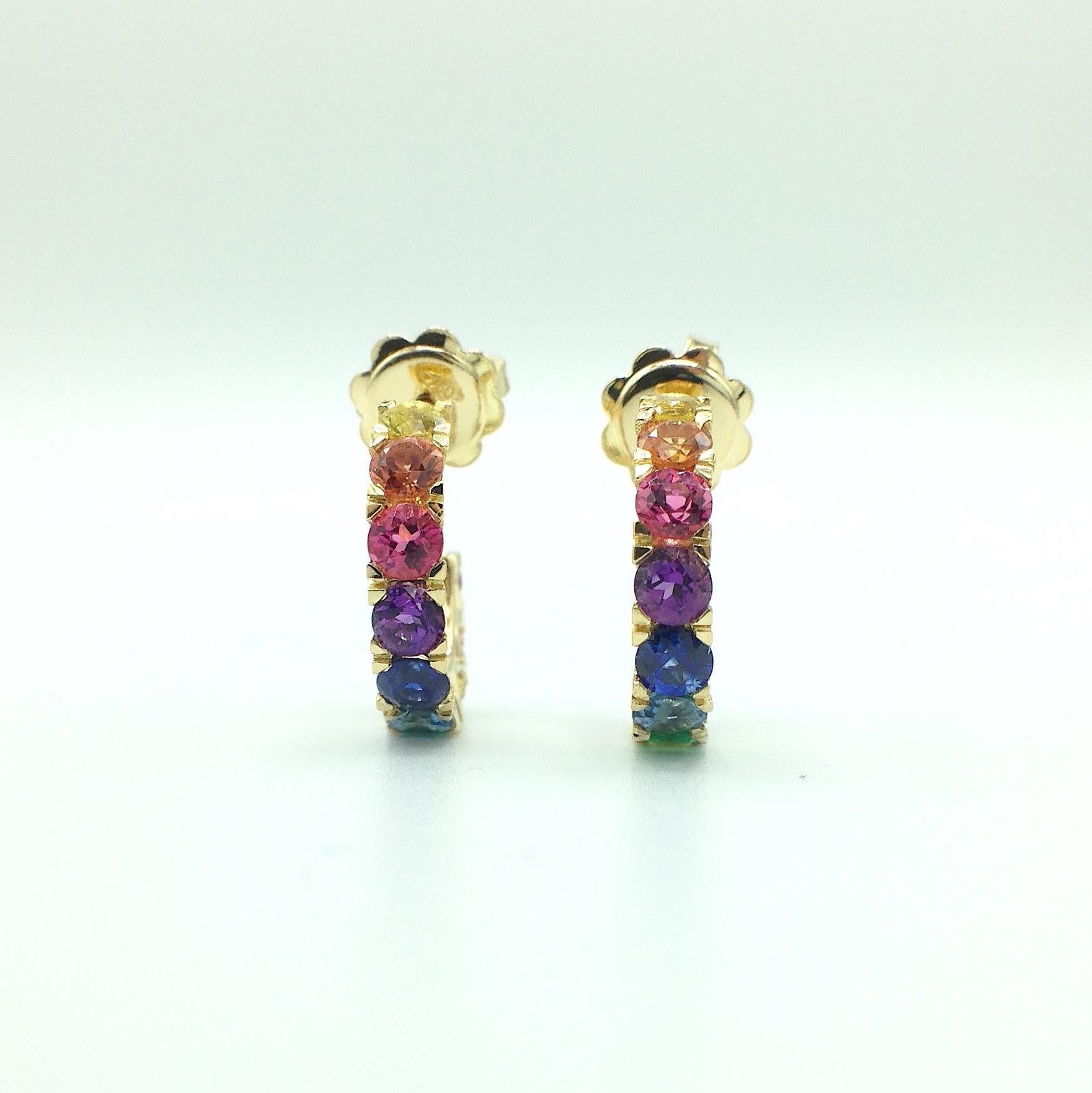 Rainbow Sapphire Emerald Semiprecious Stone 18 Karat Gold Earrings Made in Italy 2