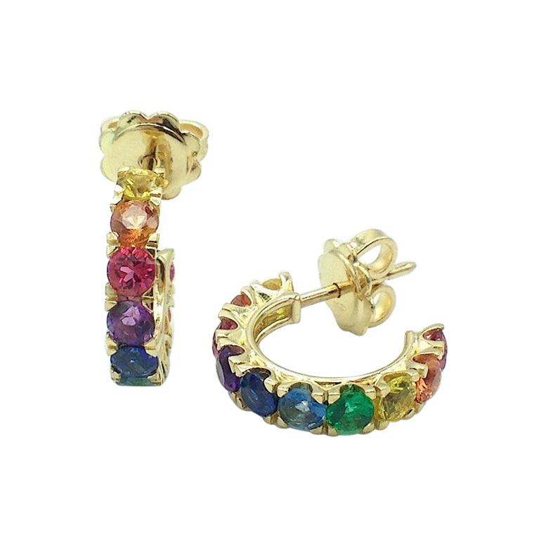 Rainbow Sapphire Emerald Semiprecious Stone 18 Karat Gold Earrings Made in Italy