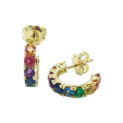 Rainbow Sapphire Emerald Semiprecious Stone 18 Karat Gold Earrings Made in Italy