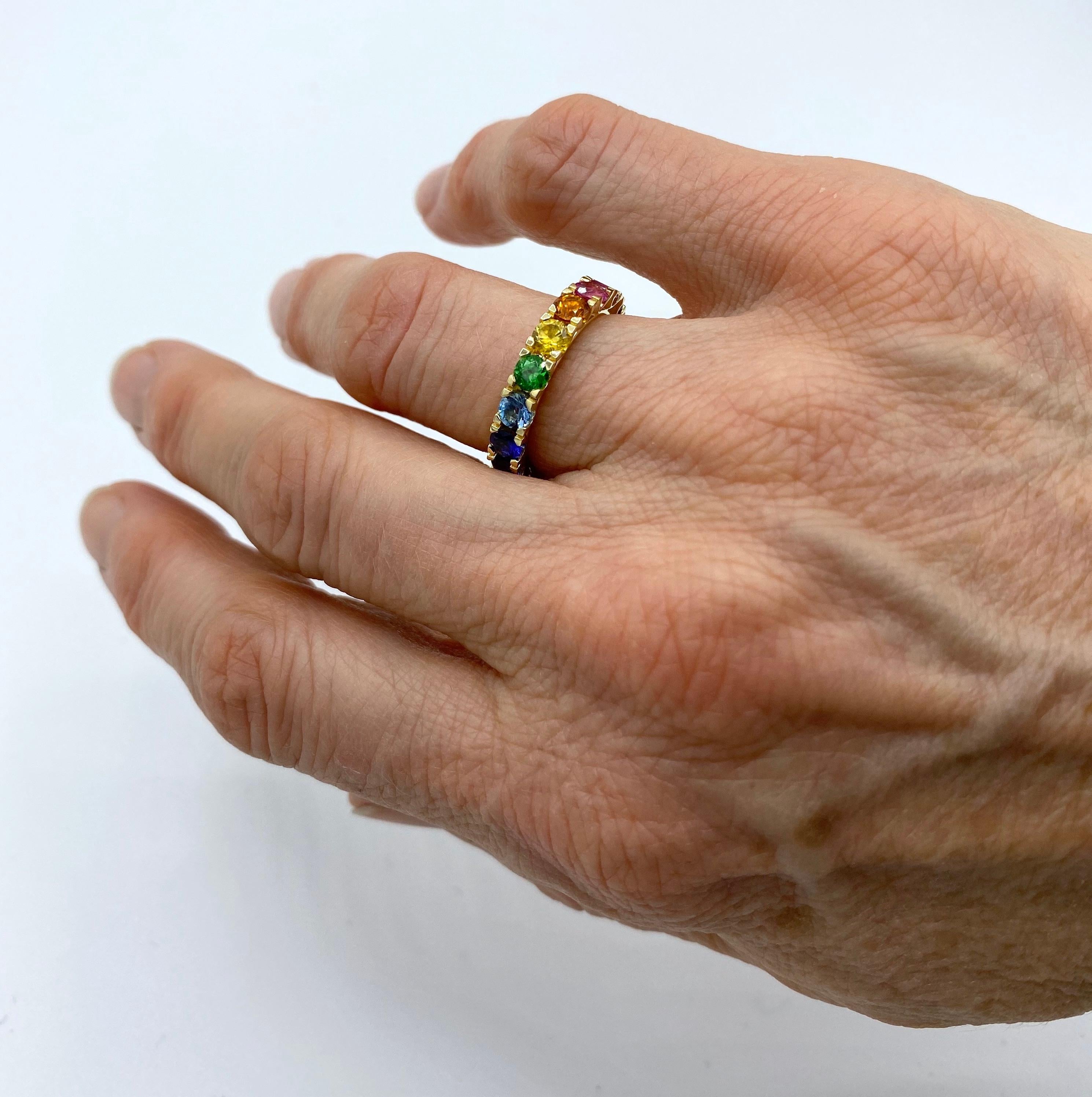 Rainbow Sapphire Emerald Semiprecious Stone Made in Italy 18 Karat Gold Ring  For Sale 3