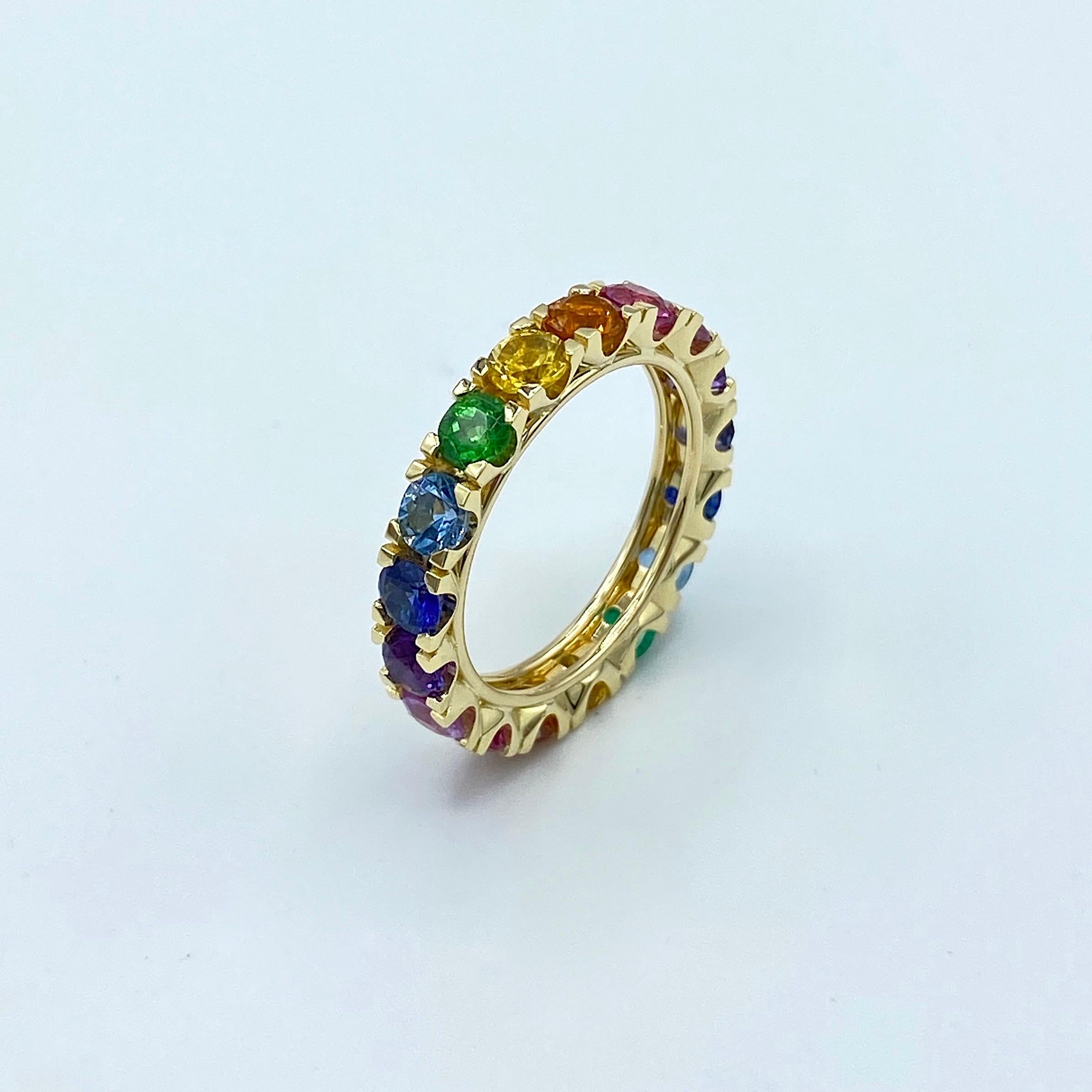Artisan Rainbow Sapphire Emerald Semiprecious Stone Made in Italy 18 Karat Gold Ring  For Sale