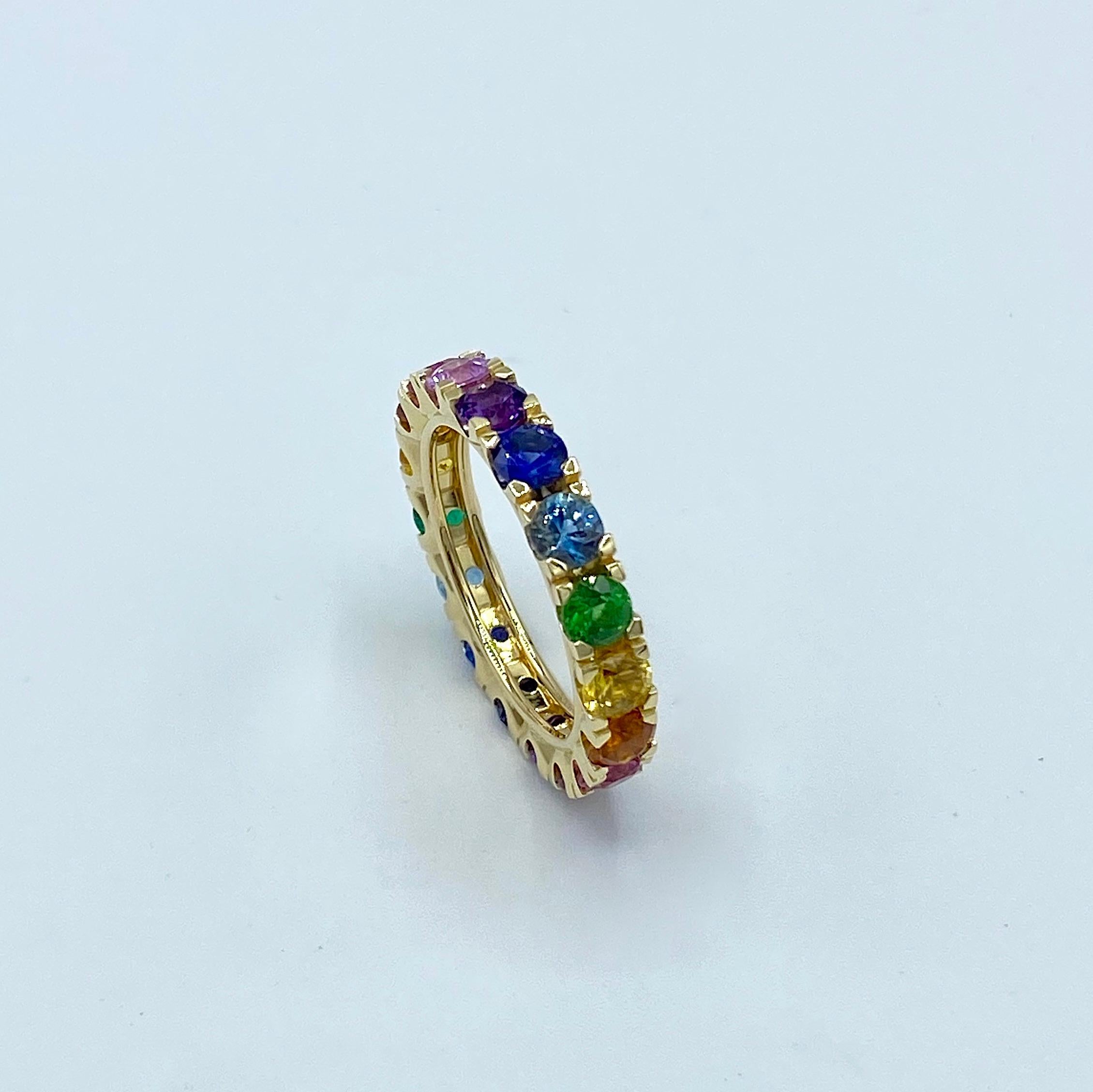 Women's Rainbow Sapphire Emerald Semiprecious Stone Made in Italy 18 Karat Gold Ring  For Sale