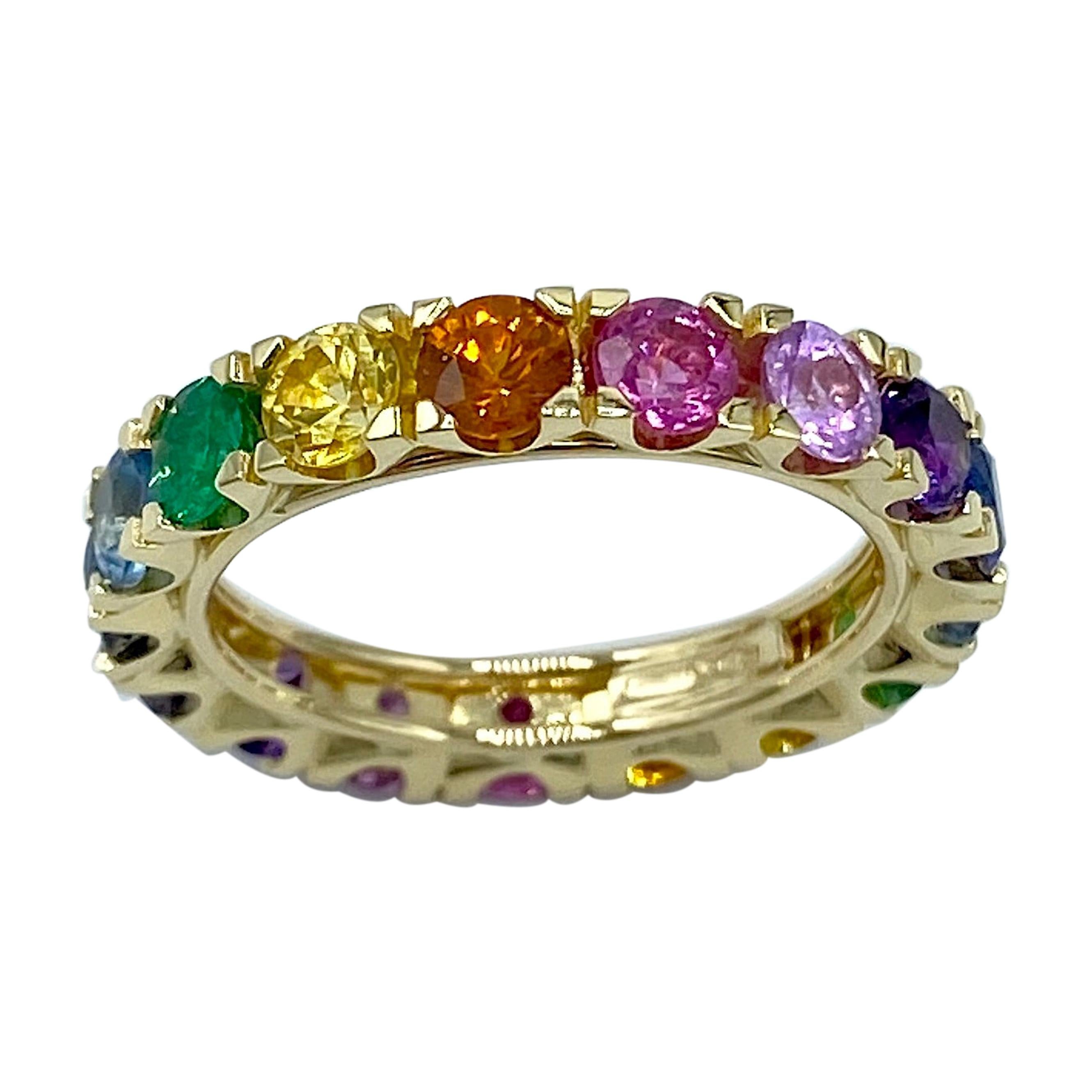 Rainbow Sapphire Emerald Semiprecious Stone 18 Karat Gold Ring Made in Italy