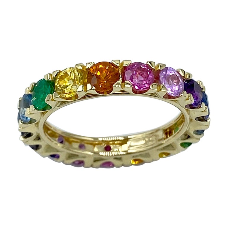 Rainbow Sapphire Emerald Semiprecious Stone 18 Karat Gold Ring Made in Italy For Sale