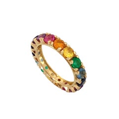 Rainbow Sapphire Emerald Semiprecious Stone 18 Karat Gold Ring Handmade in Italy