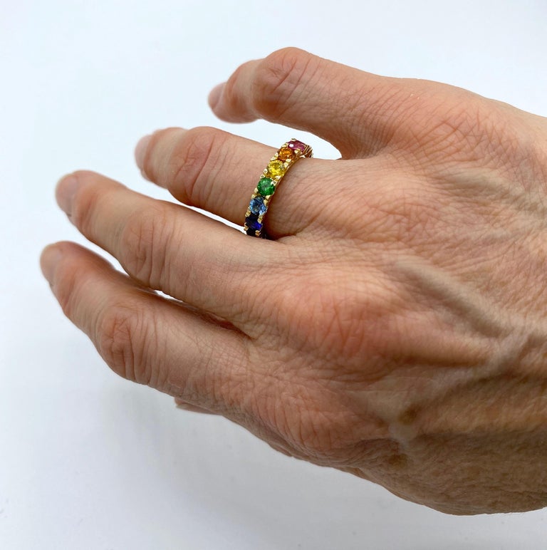 Rainbow Sapphire Emerald Semiprecious Stone 18 Karat Gold Ring Made in Italy For Sale 6