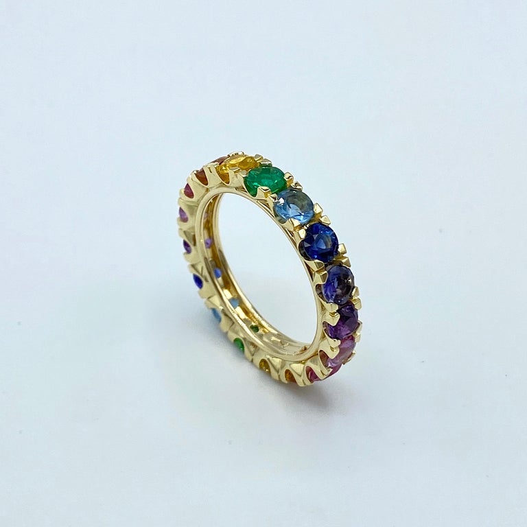 Round Cut Rainbow Sapphire Emerald Semiprecious Stone 18 Karat Gold Ring Made in Italy For Sale