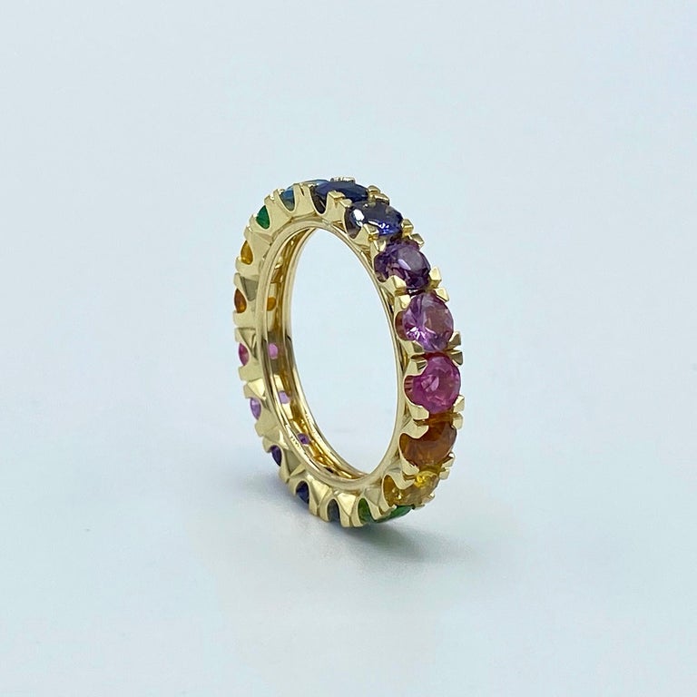 Rainbow Sapphire Emerald Semiprecious Stone 18 Karat Gold Ring Made in Italy In New Condition For Sale In Bussolengo, Verona
