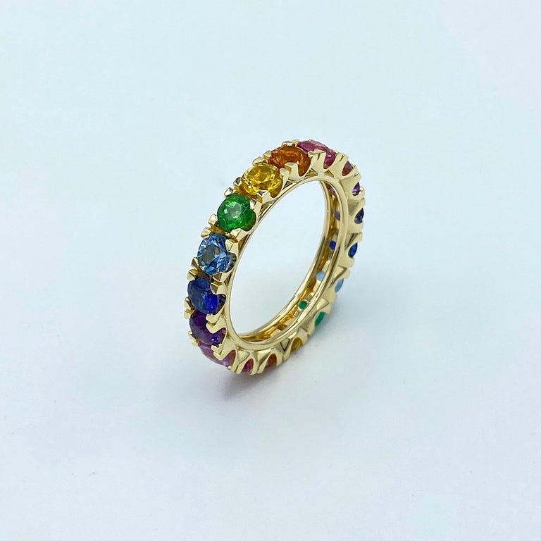 Women's Rainbow Sapphire Emerald Semiprecious Stone 18 Karat Gold Ring Made in Italy For Sale