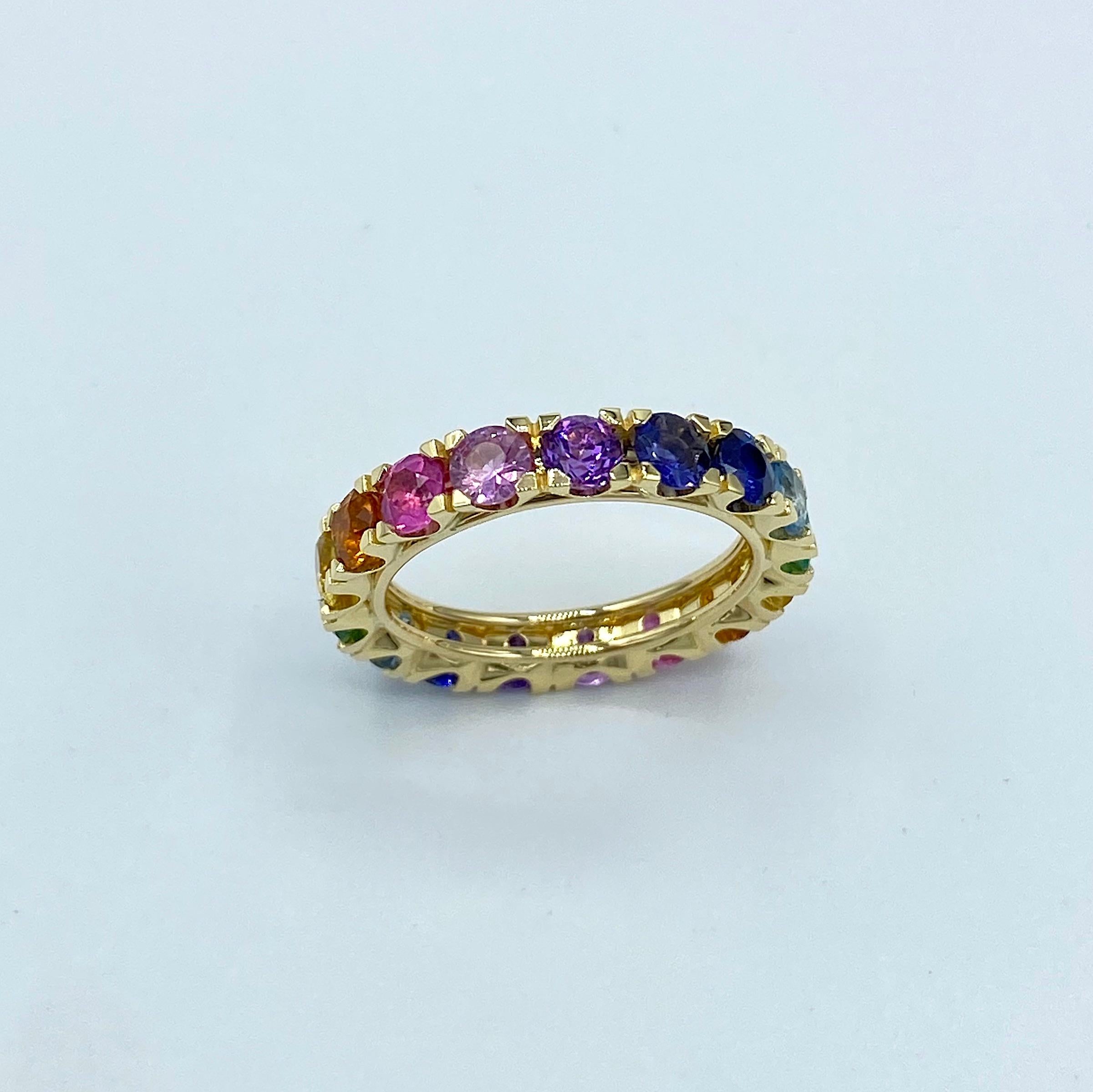 Round Cut Rainbow Sapphire Emerald Semiprecious Stone 18 Karat Gold Ring Made in Italy