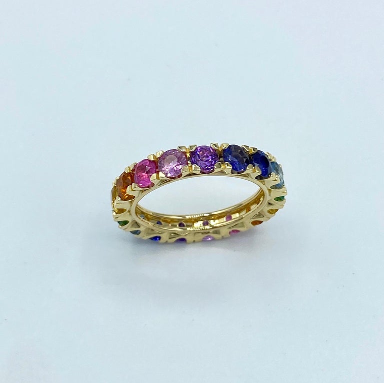 Rainbow Sapphire Emerald Semiprecious Stone 18 Karat Gold Ring Made in Italy For Sale 1