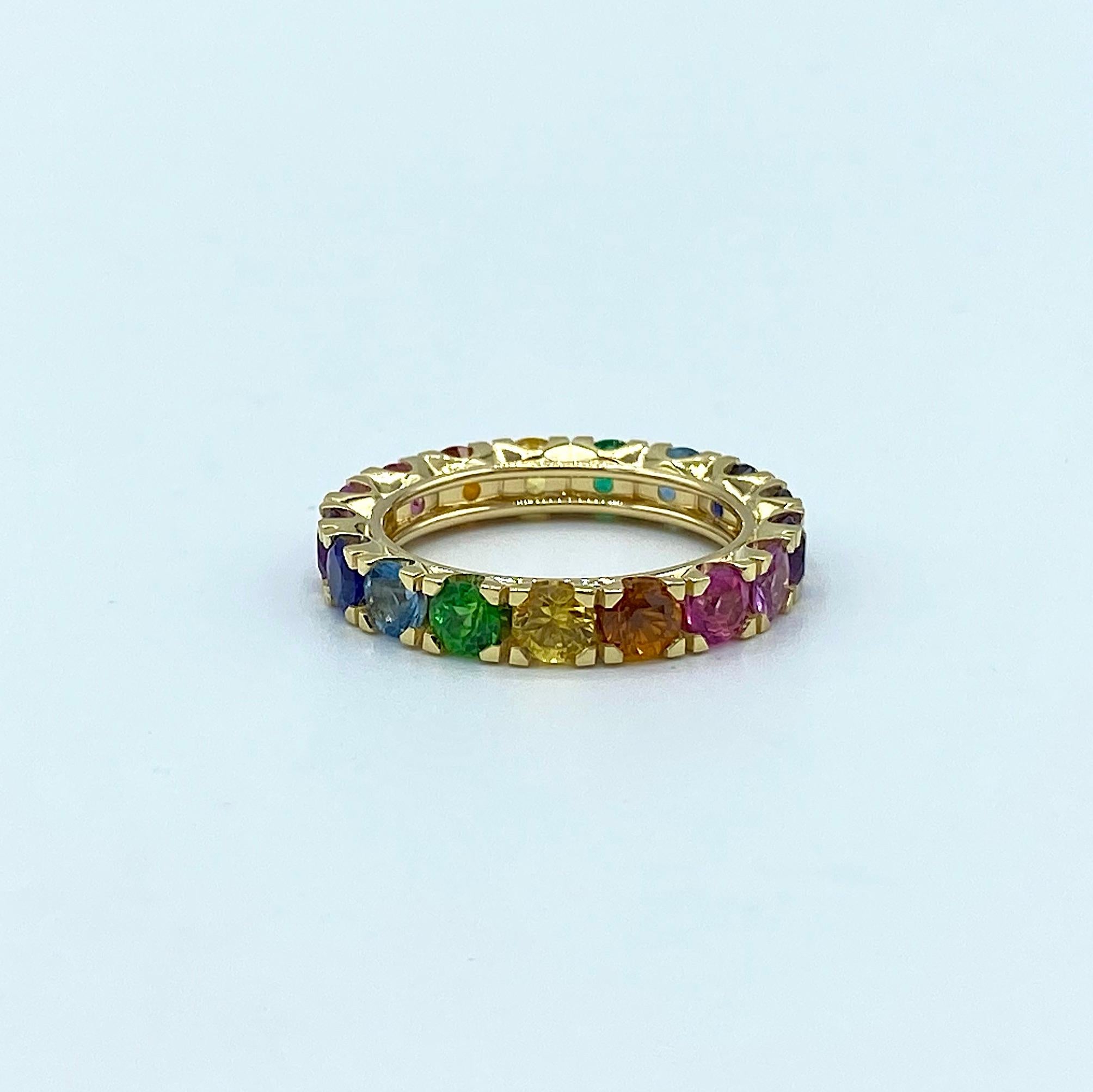 Rainbow Sapphire Emerald Semiprecious Stone 18 Karat Gold Ring Made in Italy In New Condition In Bussolengo, Verona
