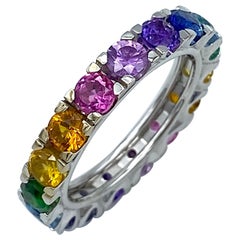 Rainbow Sapphire Emerald Semiprecious Stone White 18Kt Gold Ring Made in Italy