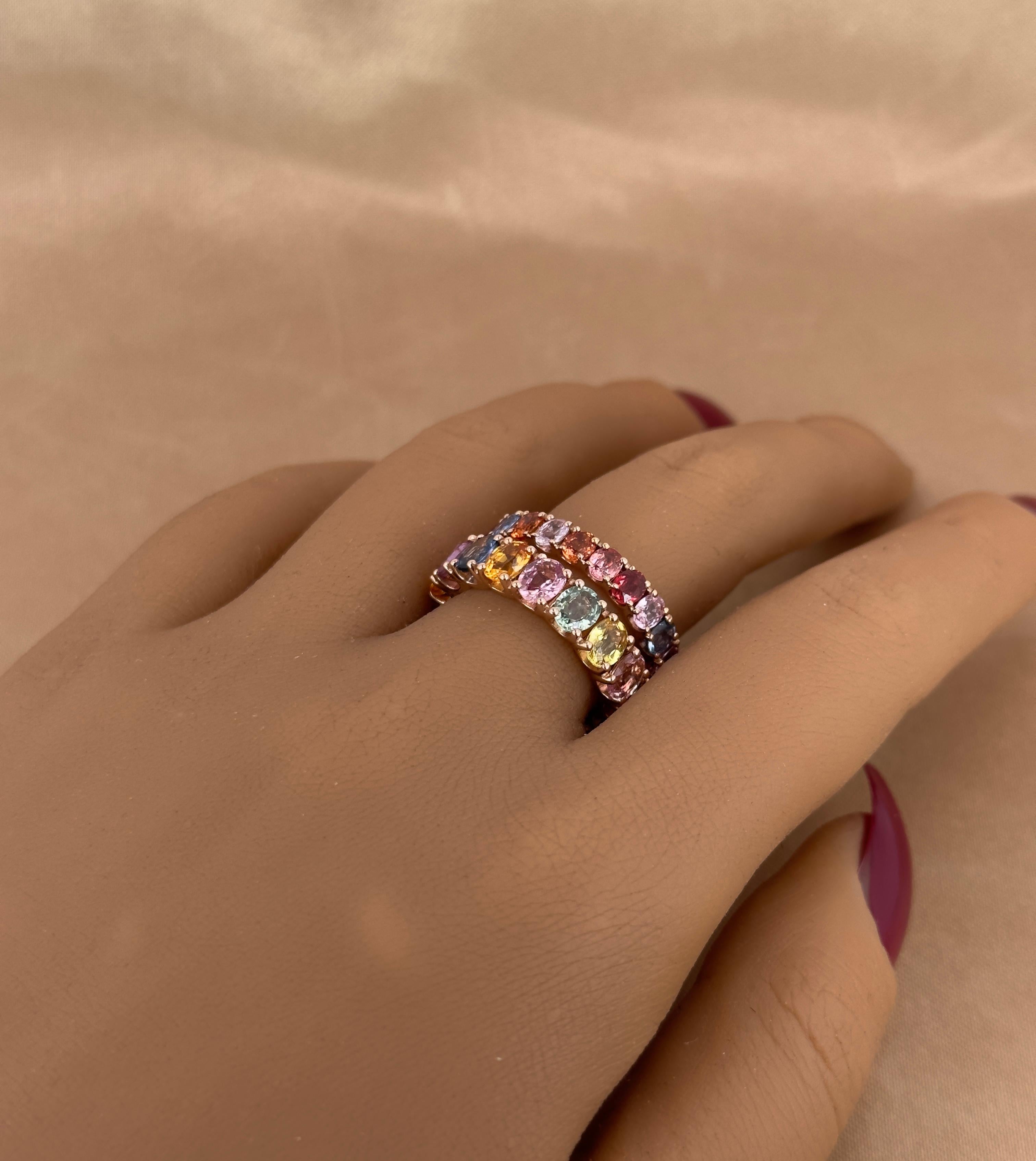 Round Cut Rainbow Sapphire Eternity Band Collection, Gemstone Eternity Bands, Solid Gold For Sale