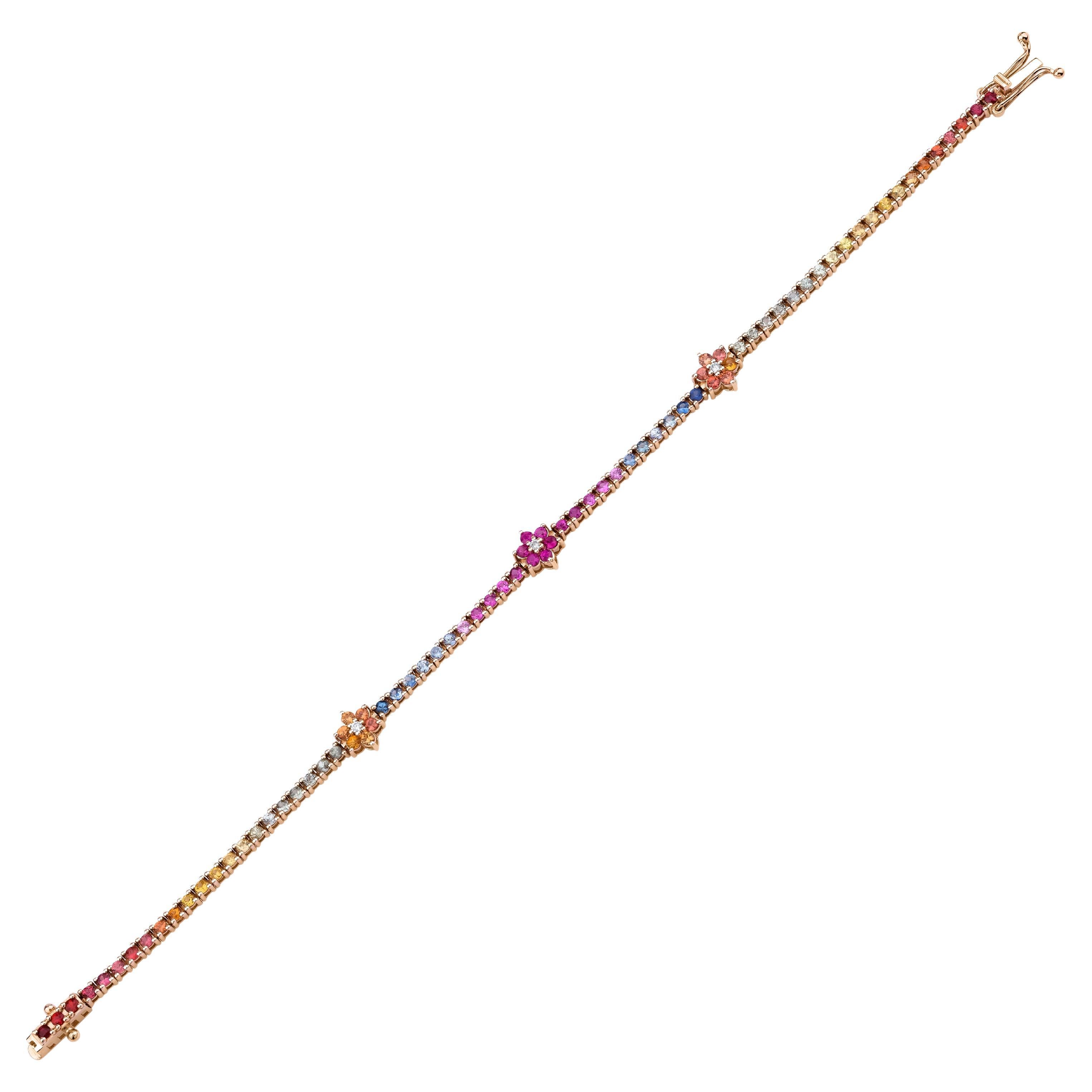 Rainbow Sapphire Floral Design Tennis Bracelet For Sale
