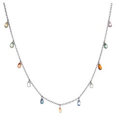 Rainbow Sapphire Fringe Necklace 14k White Gold Choker Briolette Estate