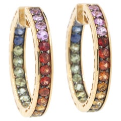 Rainbow Sapphire Hoop Earrings in 14 Karat Yellow Gold