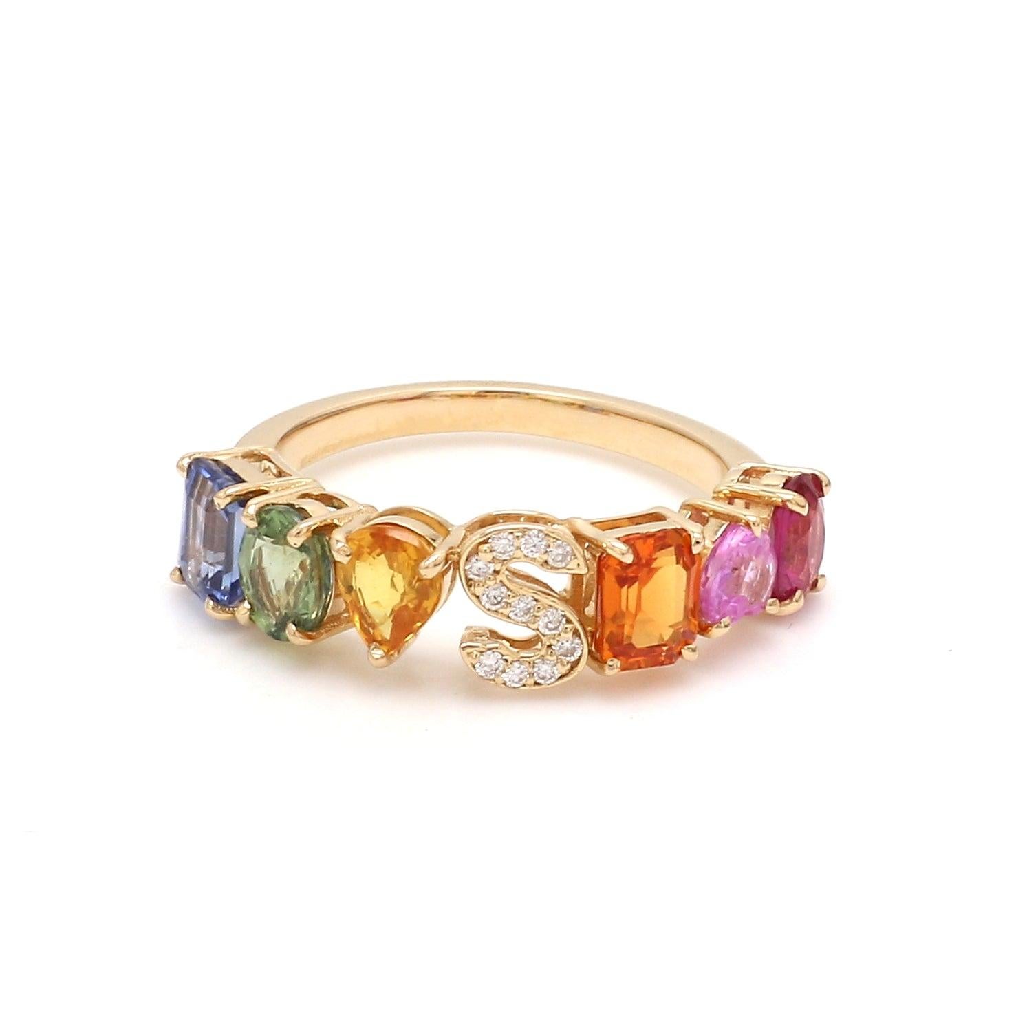 Rainbow Sapphire Initial Ring in 18K Gold In New Condition In jaipur, IN