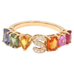 Rainbow Sapphire Initial Ring in 18K Gold